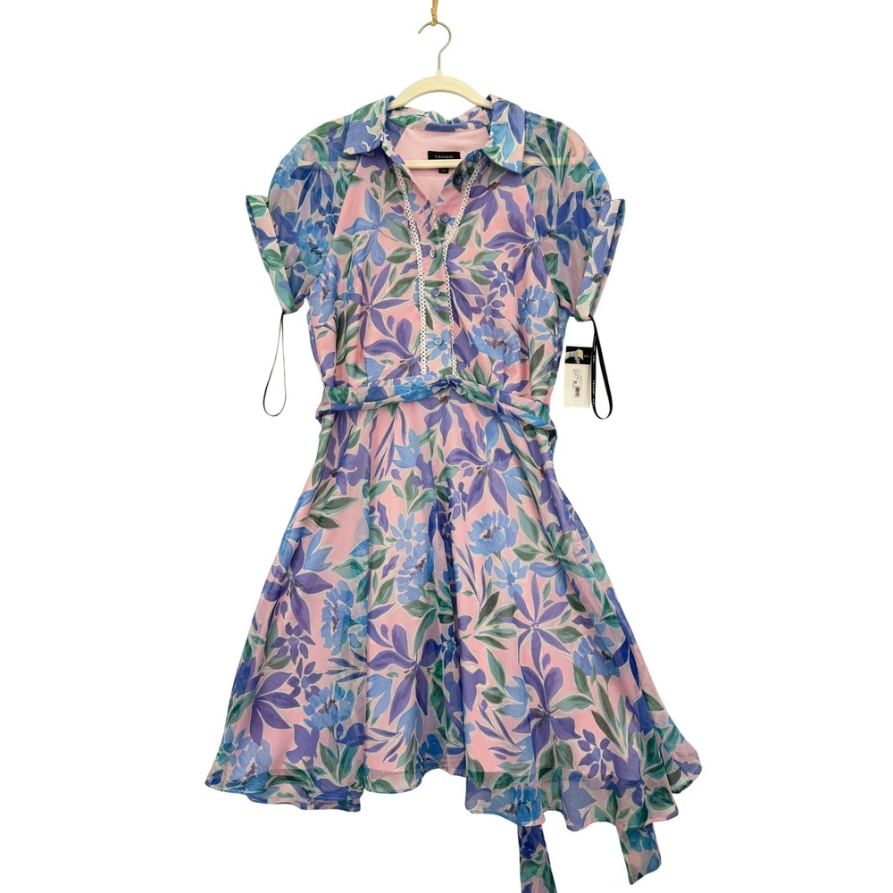Tahari ASL Fit & Flare Dress Women 12 NWT Floral Belted Chiffon MSRP $159
